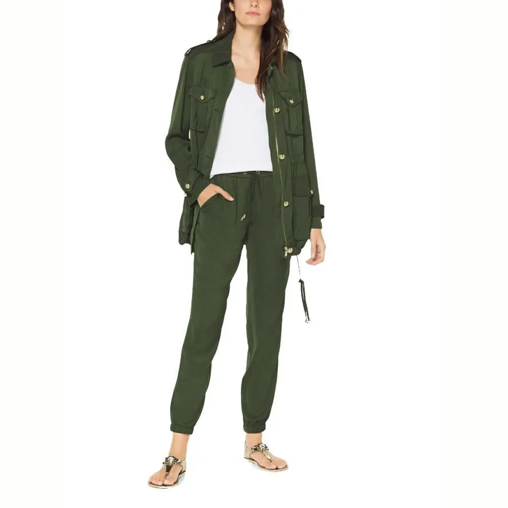 New! MICHAEL KORS Women's Lightweight Utility Jacket Drawstring Waist Jade Green